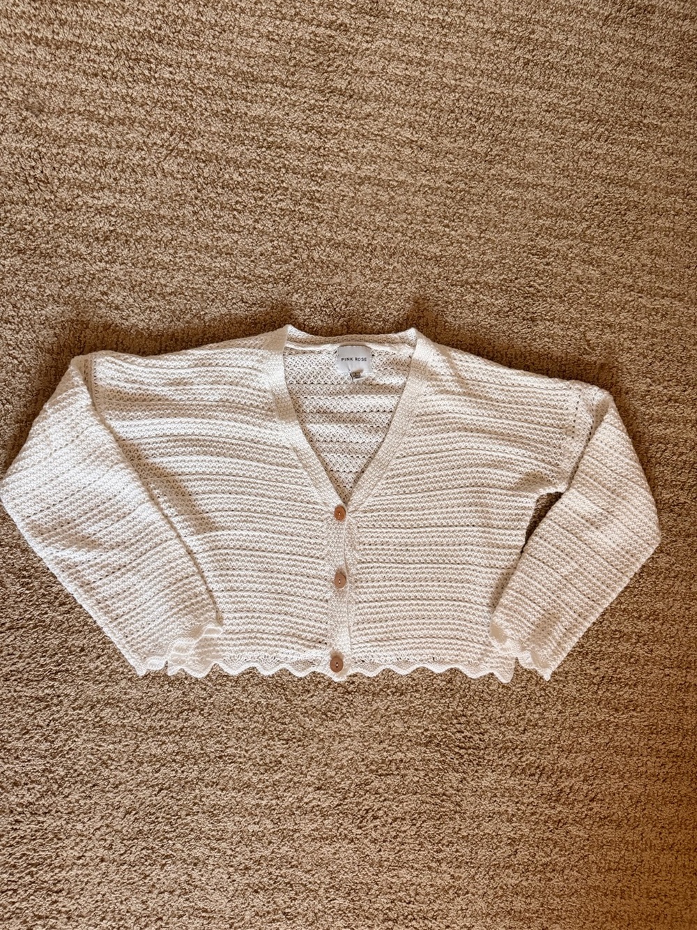 Pink Rose White Open-Knit V-Neck Cropped Cardigan